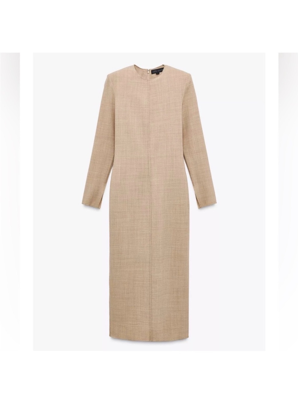 Zara Neutral Long-Sleeve Midi Dress in Beige